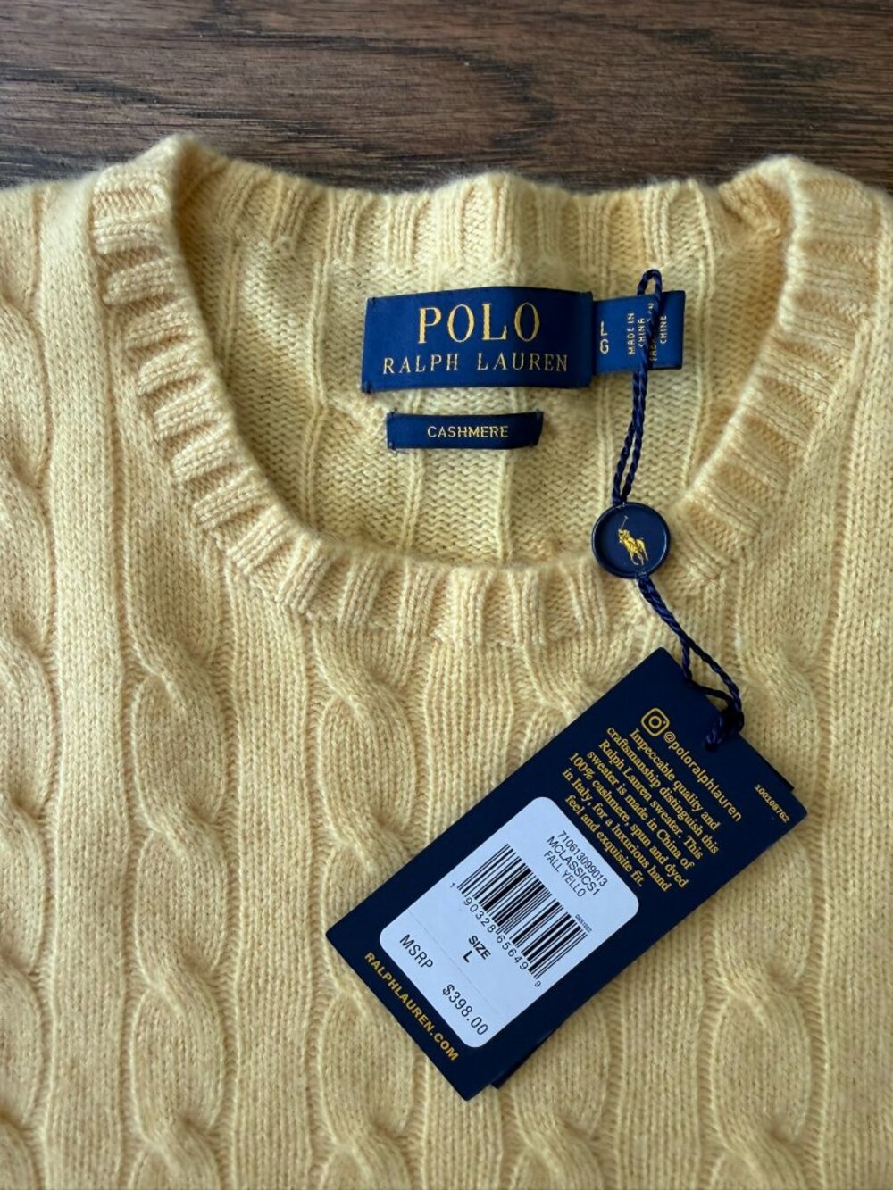 NWT Polo Ralph Lauren Fall Yellow 100% Italian Cashmere Cable Knit Sweater L - Picture 5 of 5
